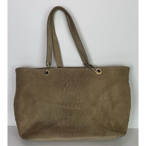 Vera Pelle Large Tote Leather and Suede Crocodile Embossed Bag Purse Tan GUC - Picture 2 of 16